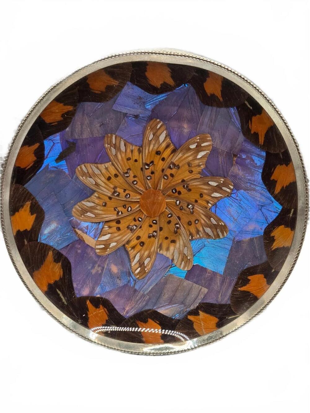 Casa Estylo Santos, Vtg MCM Real Blue Morpho Butterfly Wing Art Plate 4.75